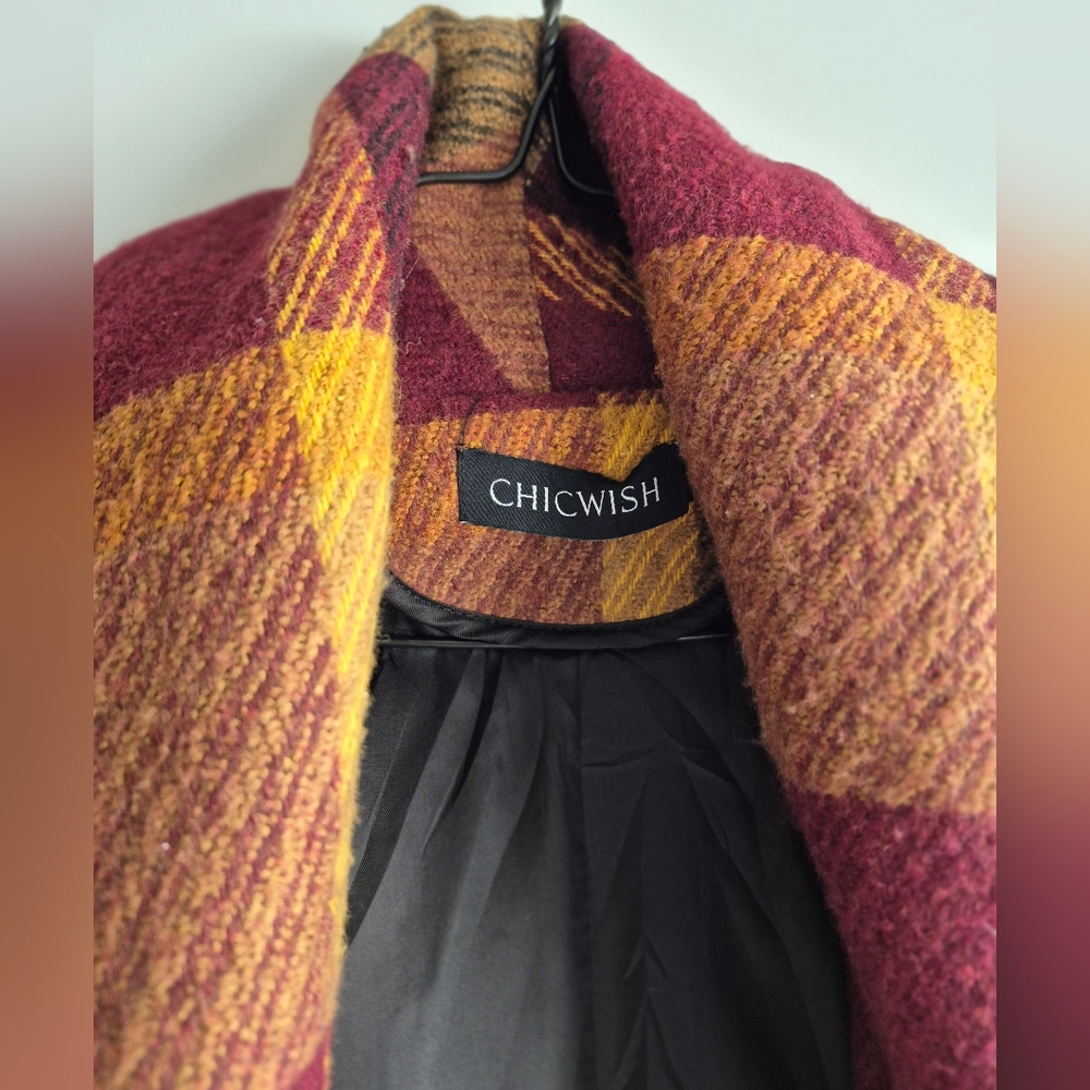 Chicwish Prairie Rabato Wrap Fall Coat Jacket Wool Burgundy/Mustard Yellow Plaid - Picture 11 of 14